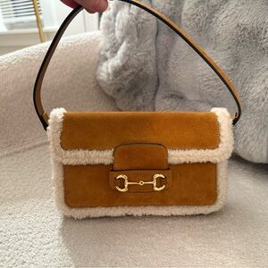 Gucci Horsebit Suede and Shearling Shoulder Bag